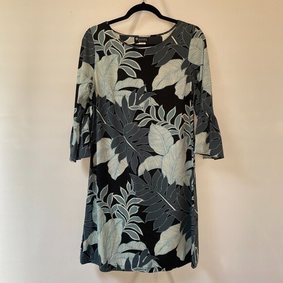 PUANANI Hawaiian Dress Blue Grey Ferns Palms 3/4 Bell Sleeves Size XS - Picture 1 of 8